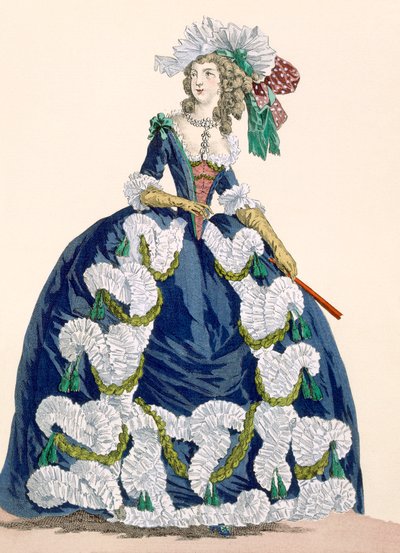 Elaborate Royal Court Dress in Navy Blue with Luxuriant White Frill Design, engraved by Dupin, plate no.277 from 